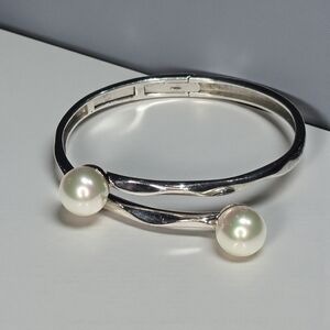 Sterling Silver 925 Open Cuff Bracelet w Faux Pearls Modern Bypas